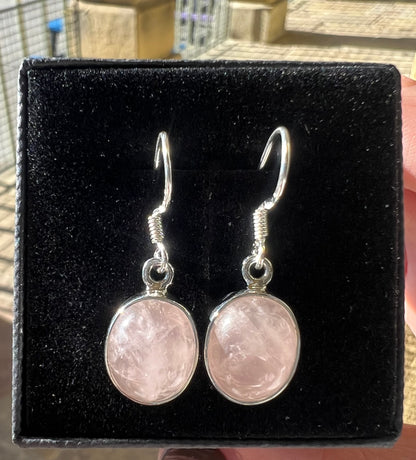 Rose Quartz silver oval drop earrings