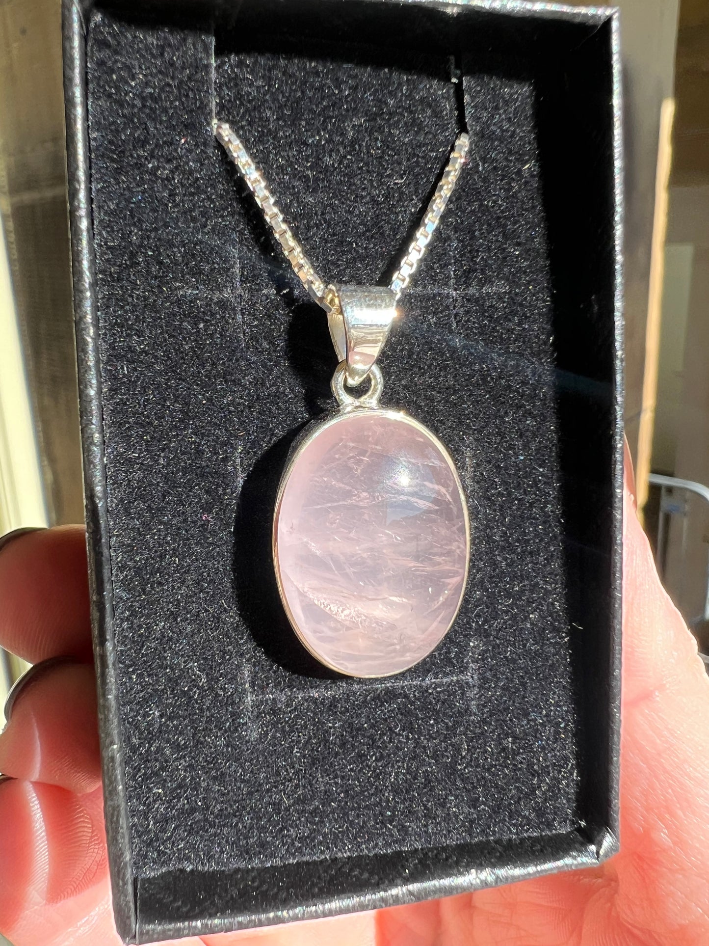 Rose Quartz silver oval necklace