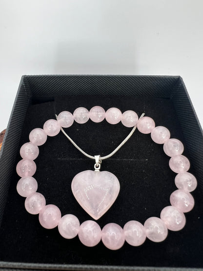 Rose Quartz heart necklace set