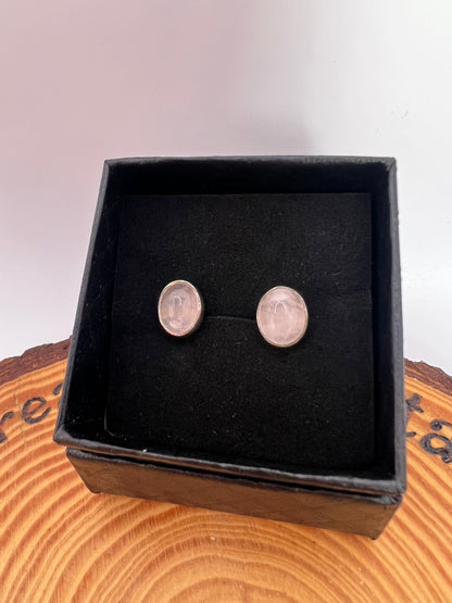 Rose Quartz silver oval studs