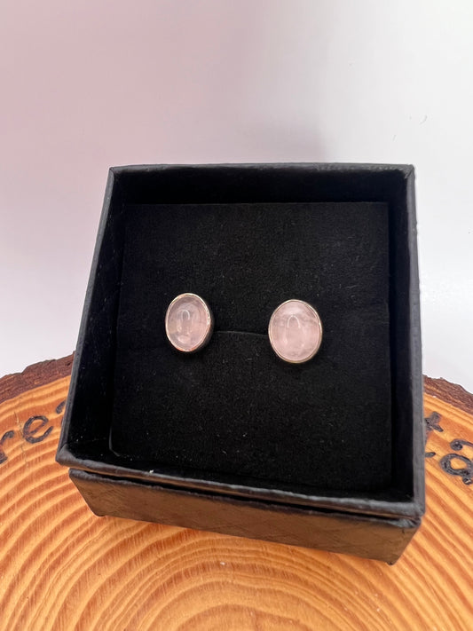 Rose Quartz silver oval studs