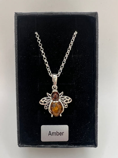 Amber silver bee necklace