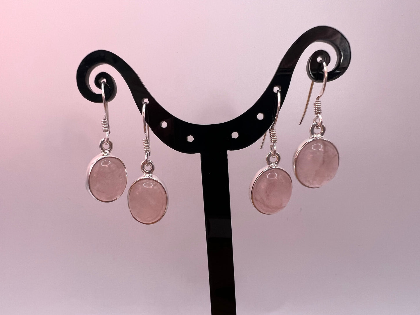 Rose Quartz silver oval drop earrings