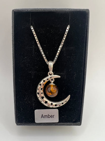 Amber silver moon necklace