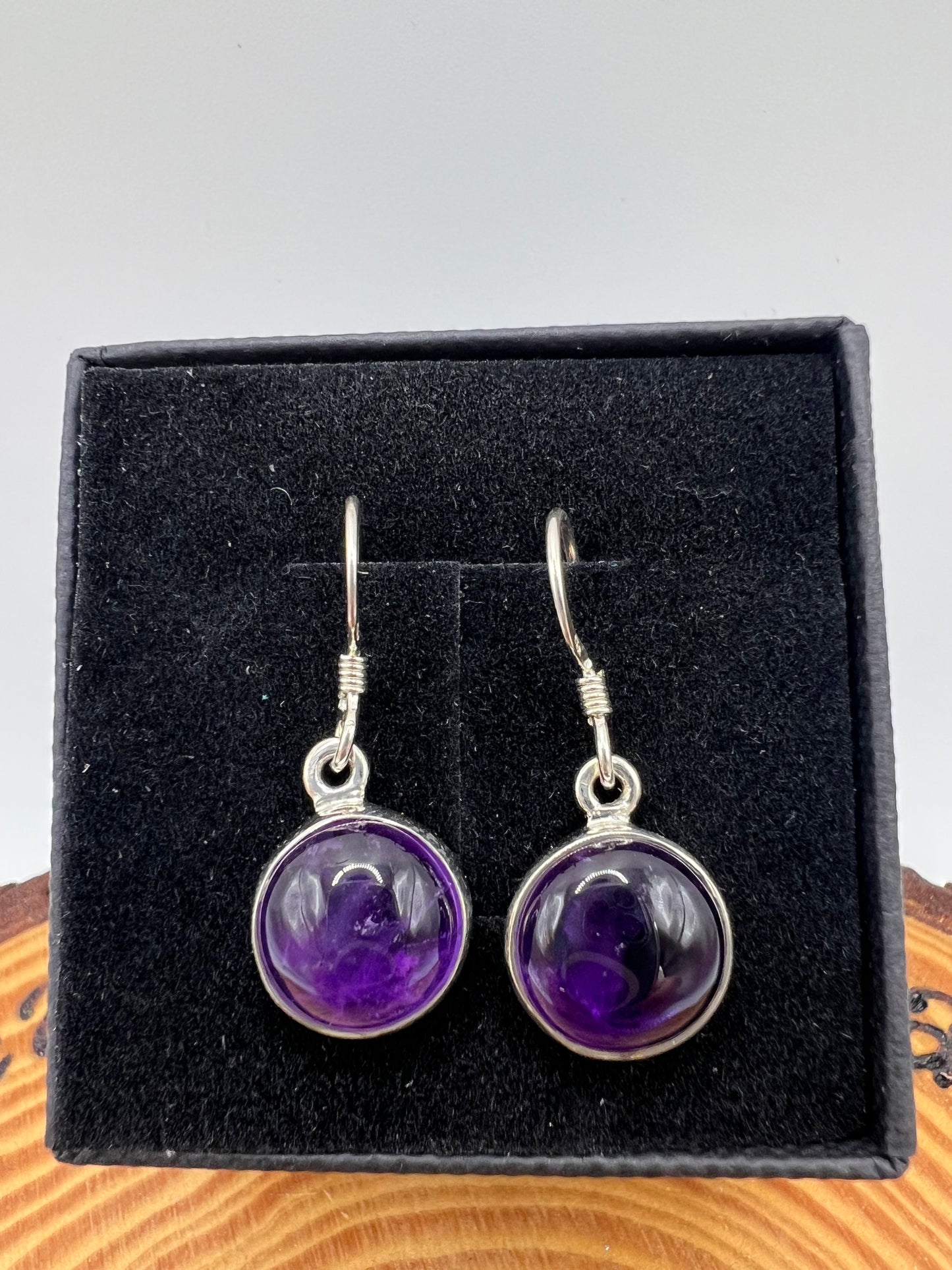 Amethyst silver round drop earrings