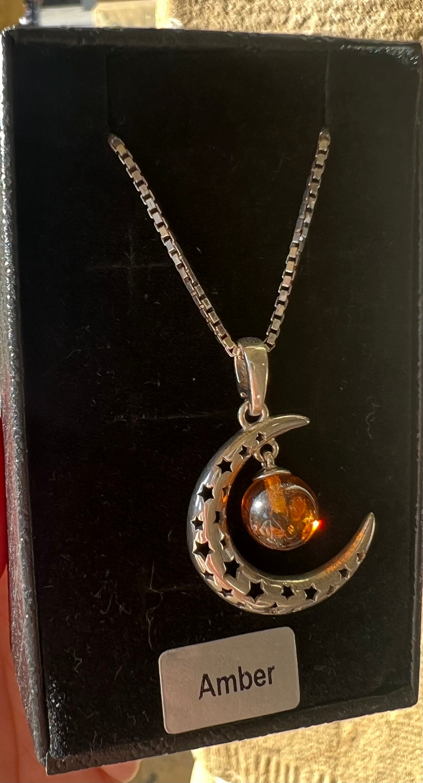 Amber silver moon necklace